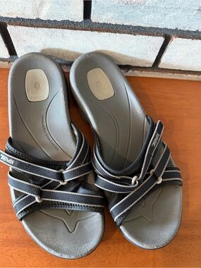 Teva Women's Black and Gray Cross-Strap Slide Sandals